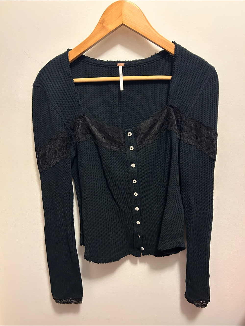 Free People NWNT Black Lace-Trim Waffle Knit Button Front Top